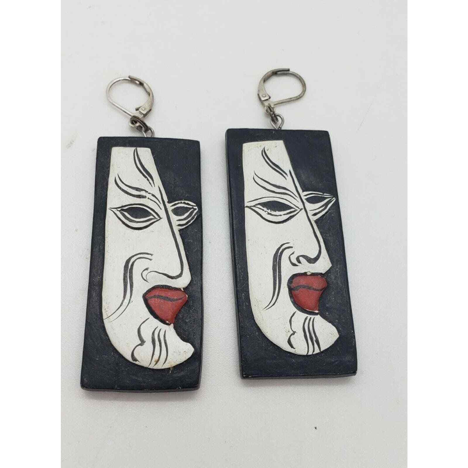 Vintage Earrings Face Black White Wood Kabuki Tribal Punk Mod Art Samurai
